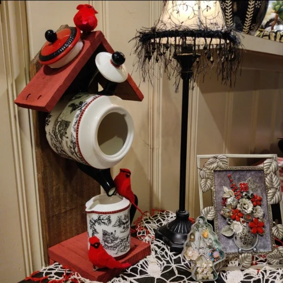 Rustic Wooden Handcrafted Bird Feeder Teapot Extending The Olive Branch - Picture 7 of 16